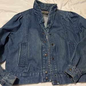 1980s Women's Bomber Blue Denim Jean Puffer Sleeve Snap elastic waist Jacket